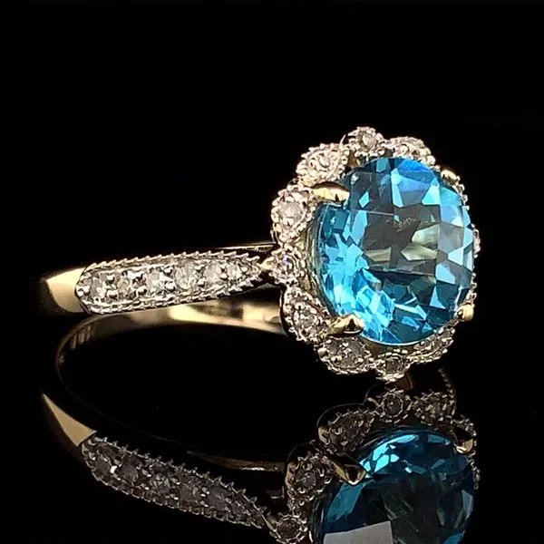 Checkerboard Swiss Blue Topaz And Diamond Halo Ring Image 2 Geralds Jewelry Oak Harbor, WA
