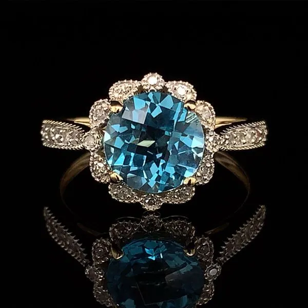 Checkerboard Swiss Blue Topaz And Diamond Halo Ring Geralds Jewelry Oak Harbor, WA