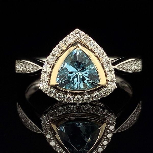 Two Tone Trillion Aquamarine and Diamond Ring Geralds Jewelry Oak Harbor, WA