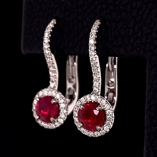 Ruby And Diamond Halo Leverback Earrings Image 2 Geralds Jewelry Oak Harbor, WA