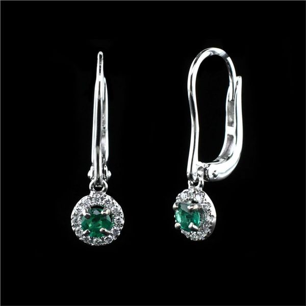 18K Emerald and Diamond Halo Style Dangle Earrings Geralds Jewelry Oak Harbor, WA