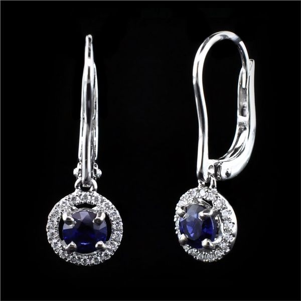 18K White Gold Sapphire and Diamond Halo Style Dangle Earrings Geralds Jewelry Oak Harbor, WA