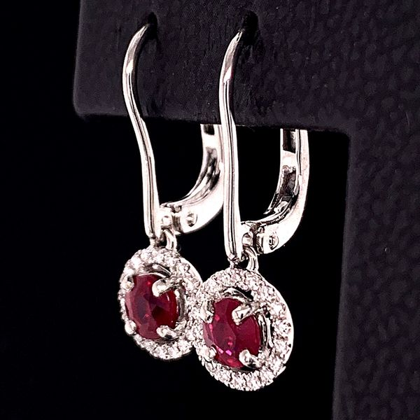 18K White Gold Ruby and Diamond Halo Style Dangle Earrings Image 2 Geralds Jewelry Oak Harbor, WA