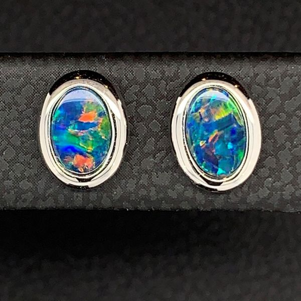 Oval Inlay Australian Opal Doublet Earrings Image 2 Geralds Jewelry Oak Harbor, WA