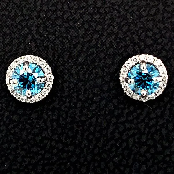 18K White Gold Blue and White Diamond Halo Earrings Image 2 Geralds Jewelry Oak Harbor, WA