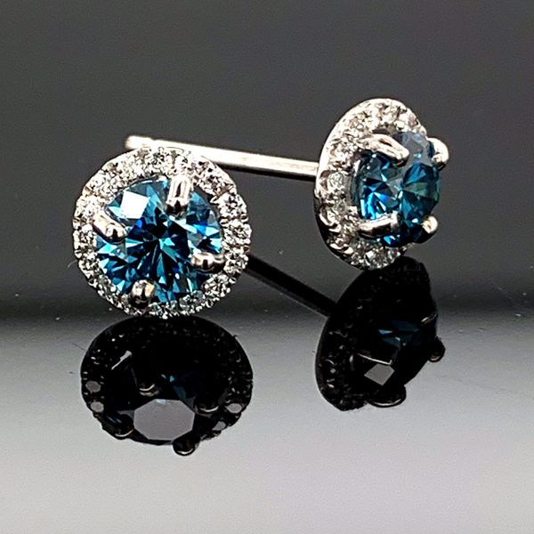 18K White Gold Blue and White Diamond Halo Earrings Geralds Jewelry Oak Harbor, WA