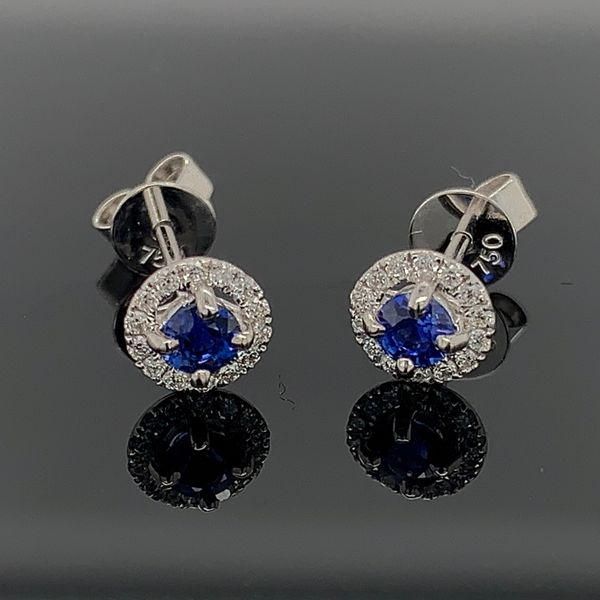 18K White Gold Sapphire and Diamond Halo Earrings Geralds Jewelry Oak Harbor, WA