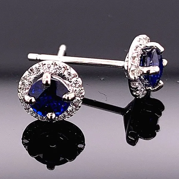 18K White Gold Sapphire and Diamond Halo Earrings Geralds Jewelry Oak Harbor, WA