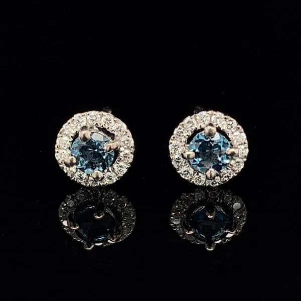 18K White Gold London Blue Topaz And Diamond Halo Earrings Geralds Jewelry Oak Harbor, WA