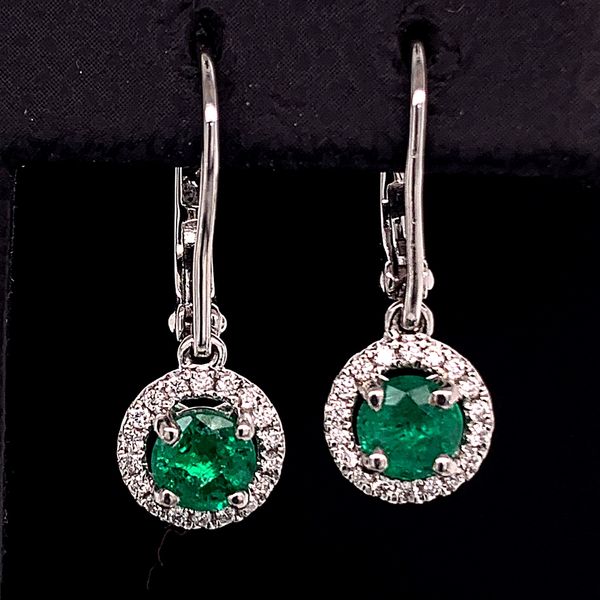 18K White Gold, Emerald And Diamond Halo Style Dangle Earrings Geralds Jewelry Oak Harbor, WA