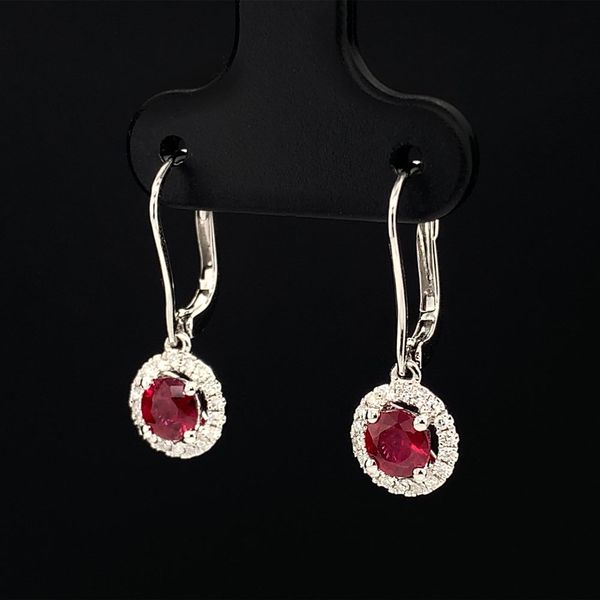 Ruby And Diamond Halo Style Dangle Earrings Image 2 Geralds Jewelry Oak Harbor, WA