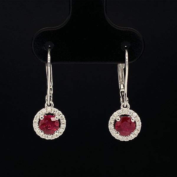 Ruby And Diamond Halo Style Dangle Earrings Geralds Jewelry Oak Harbor, WA