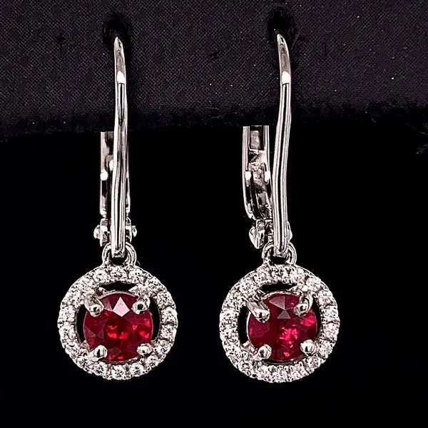 18K White Gold Fire Ruby and Diamond Halo Style Dangle Earrings Geralds Jewelry Oak Harbor, WA