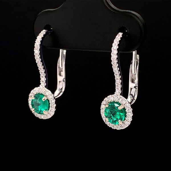 Emerald And Diamond Halo Style Leverback Earrings Image 2 Geralds Jewelry Oak Harbor, WA