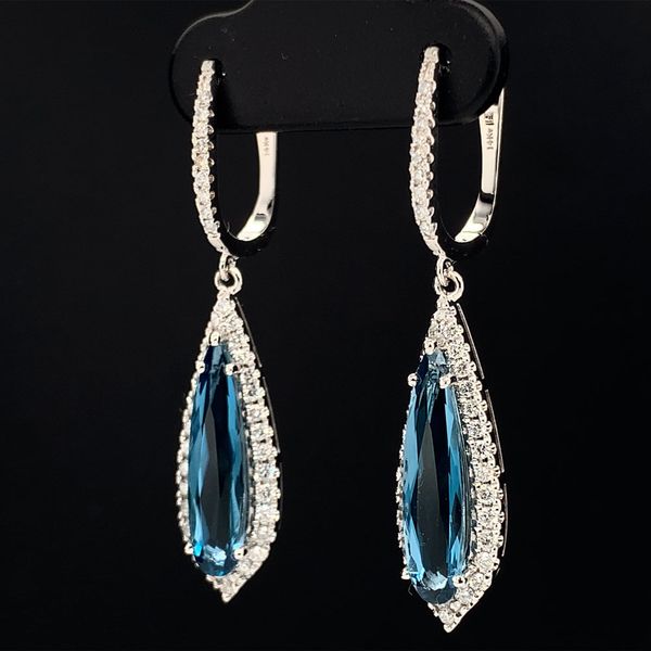 Fantasy Cut London Blue Topaz And Diamond Halo Style Drop Earrings Image 2 Geralds Jewelry Oak Harbor, WA