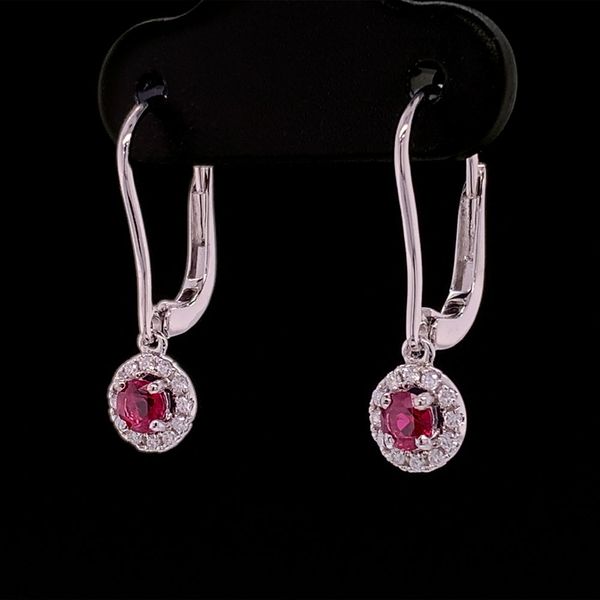 Ruby And Diamond Dangle Halo Earrings Image 2 Geralds Jewelry Oak Harbor, WA