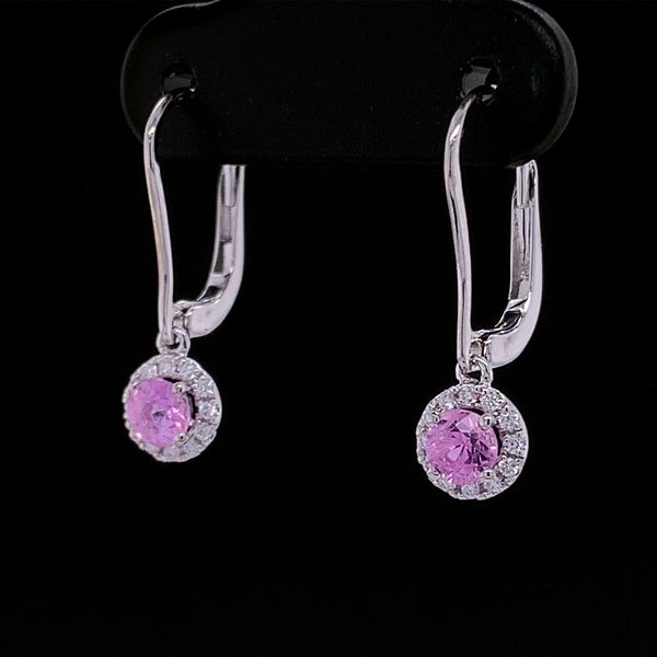 Pink Sapphire And Diamond Dangle Halo Earrings Image 2 Geralds Jewelry Oak Harbor, WA