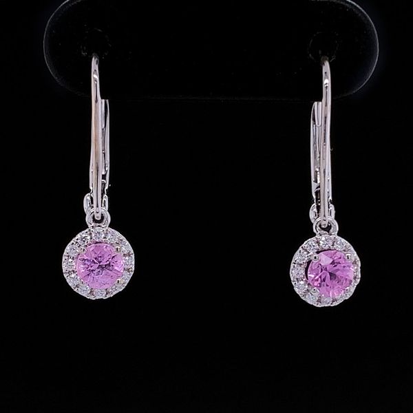 Pink Sapphire And Diamond Dangle Halo Earrings Geralds Jewelry Oak Harbor, WA