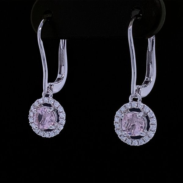 Peach Morganite And Diamond Dangle Halo Earrings Image 2 Geralds Jewelry Oak Harbor, WA