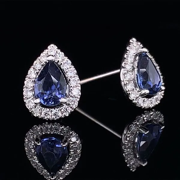 Pear Shape Yogo Sapphire And Diamond Halo Earrings Image 2 Geralds Jewelry Oak Harbor, WA