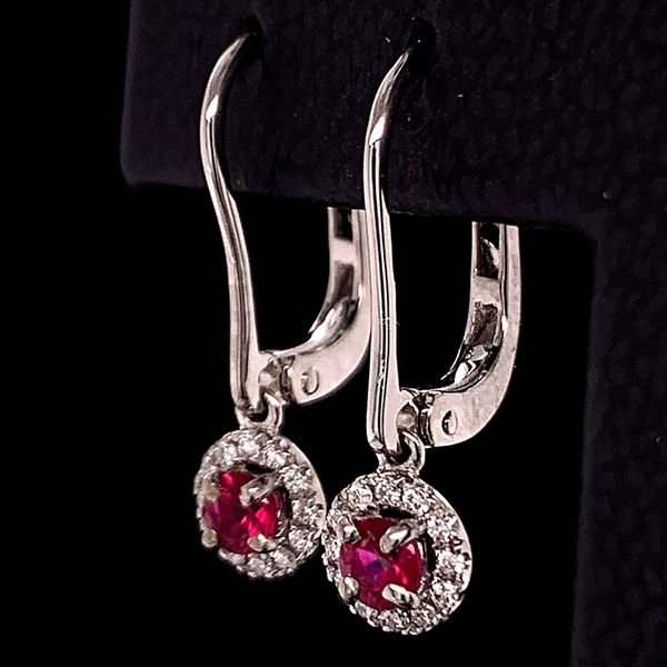 Ruby And Diamond Dangle Halo Earrings Image 3 Geralds Jewelry Oak Harbor, WA