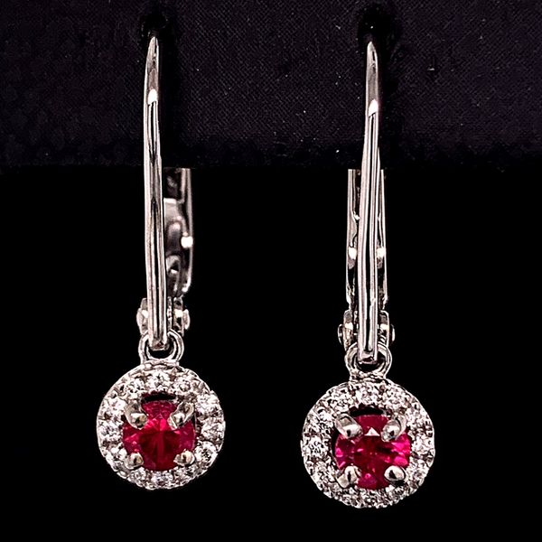 Ruby And Diamond Dangle Halo Earrings Geralds Jewelry Oak Harbor, WA