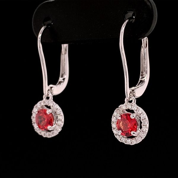 Fire Ruby And Diamond Halo Dangle Earrings Image 2 Geralds Jewelry Oak Harbor, WA