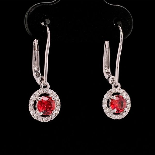 Fire Ruby And Diamond Halo Dangle Earrings Image 3 Geralds Jewelry Oak Harbor, WA