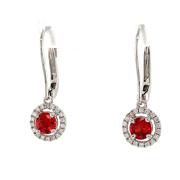 Fire Ruby And Diamond Halo Dangle Earrings Image 5 Geralds Jewelry Oak Harbor, WA