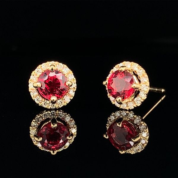 Yellow Gold Fire Ruby And Diamond Halo Earrings Image 2 Geralds Jewelry Oak Harbor, WA