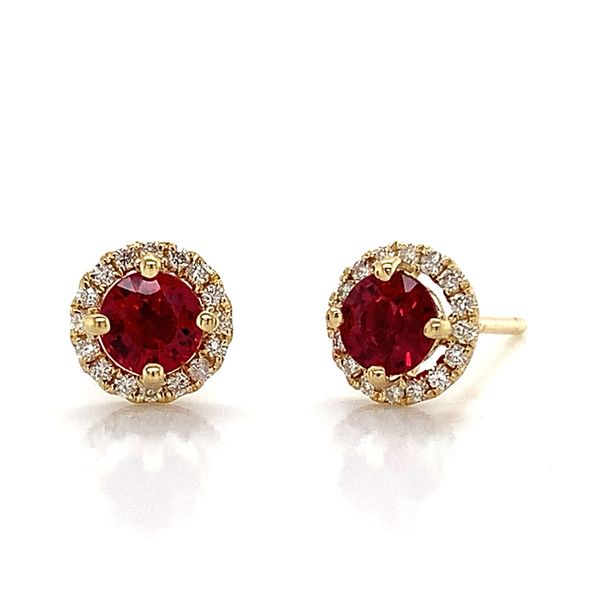Yellow Gold Fire Ruby And Diamond Halo Earrings Image 3 Geralds Jewelry Oak Harbor, WA