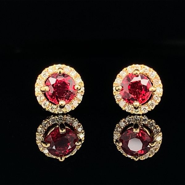 Yellow Gold Fire Ruby And Diamond Halo Earrings Geralds Jewelry Oak Harbor, WA