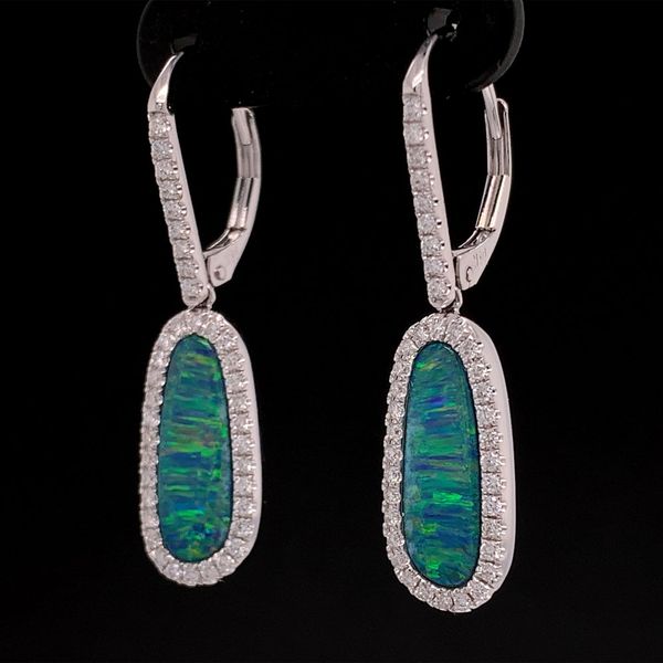 Australian Opal Doublet And Diamond Dangle Earrings Image 2 Geralds Jewelry Oak Harbor, WA