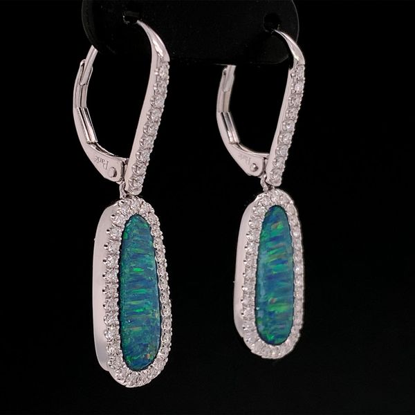 Australian Opal Doublet And Diamond Dangle Earrings Image 3 Geralds Jewelry Oak Harbor, WA