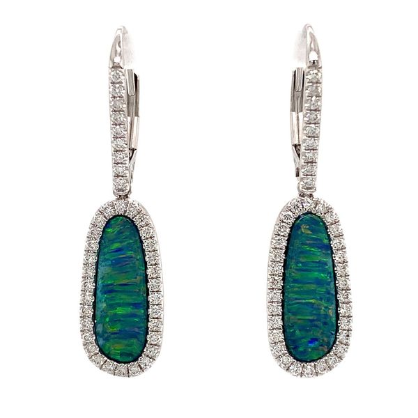 Australian Opal Doublet And Diamond Dangle Earrings Image 4 Geralds Jewelry Oak Harbor, WA
