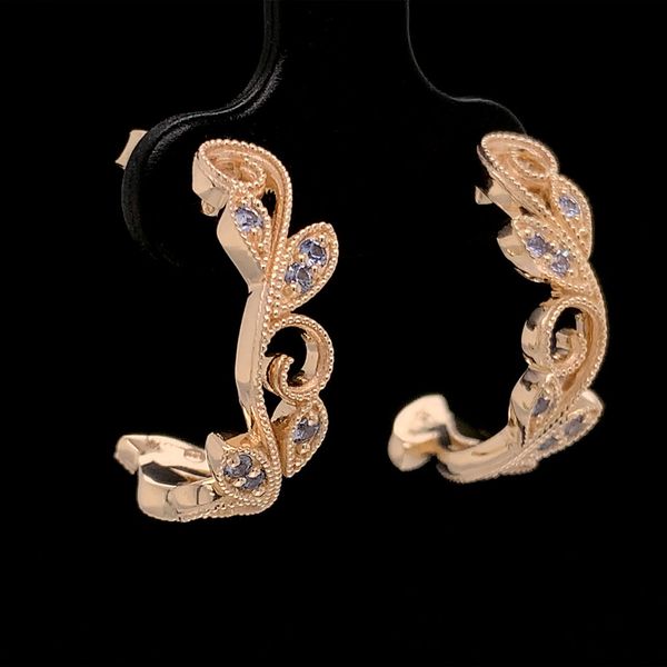 Custom Yogo Sapphire Floral Scroll J-Hoop Earrings in Yellow Gold Image 3 Geralds Jewelry Oak Harbor, WA