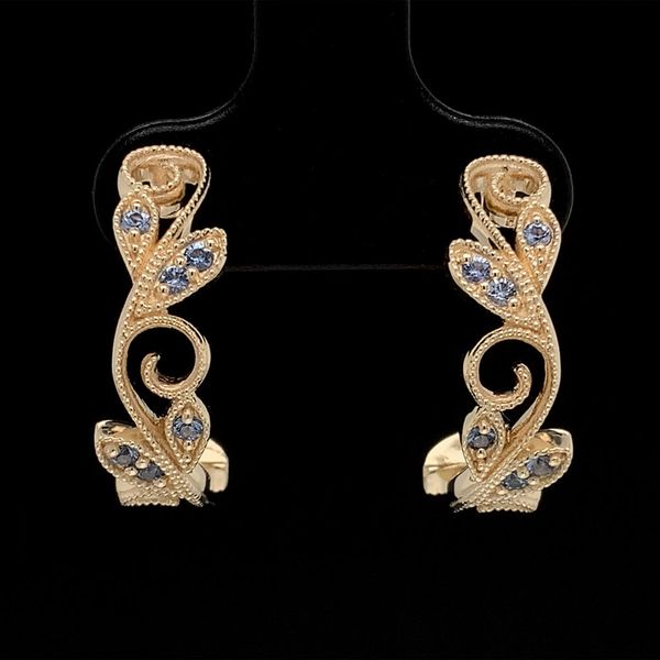 Custom Yogo Sapphire Floral Scroll J-Hoop Earrings in Yellow Gold Geralds Jewelry Oak Harbor, WA