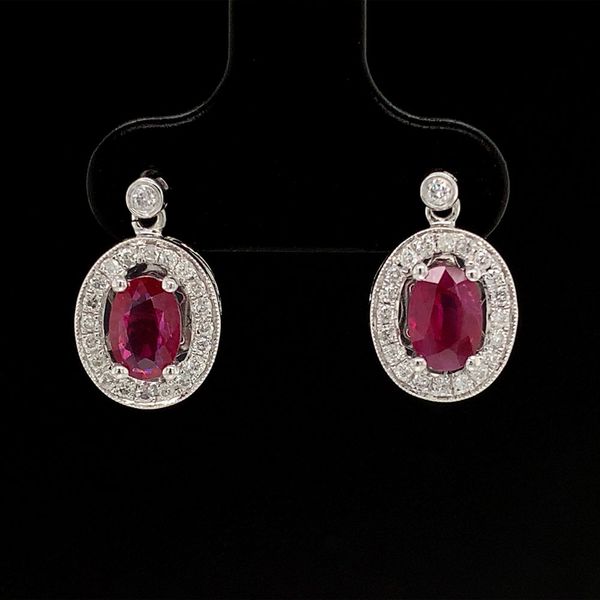 White Gold Ruby and Diamond Halo Earrings Geralds Jewelry Oak Harbor, WA