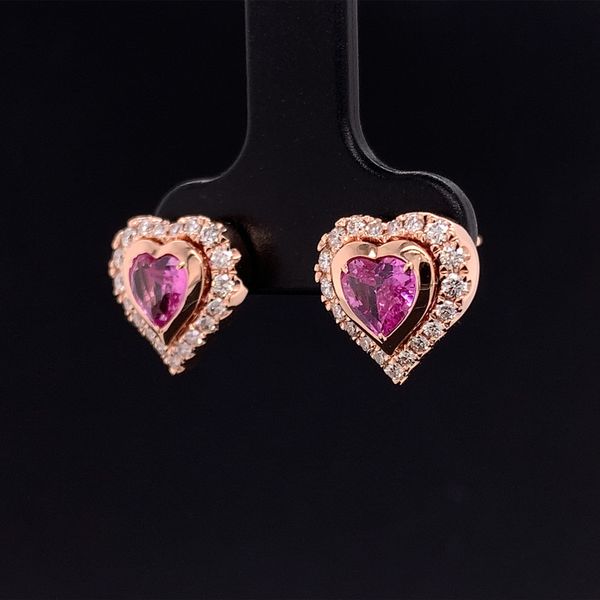 Heart Shaped Pink Sapphire and Diamond Halo Earrings Image 2 Geralds Jewelry Oak Harbor, WA