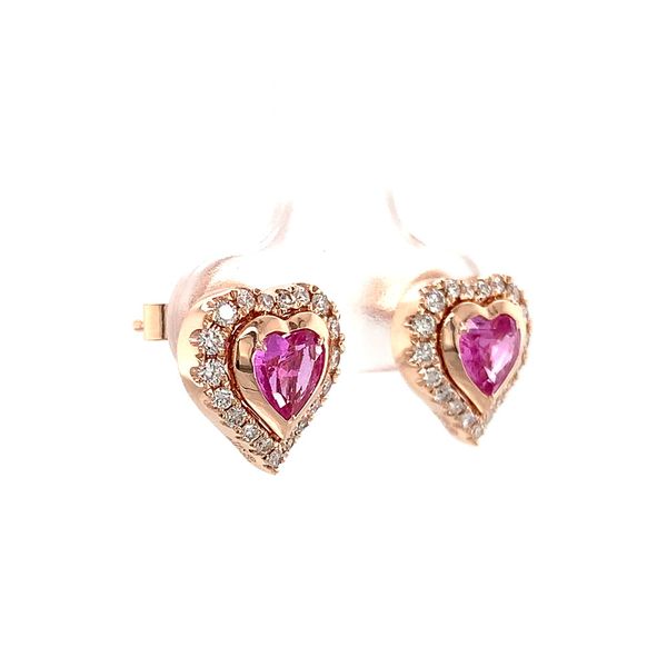 Heart Shaped Pink Sapphire and Diamond Halo Earrings Image 5 Geralds Jewelry Oak Harbor, WA