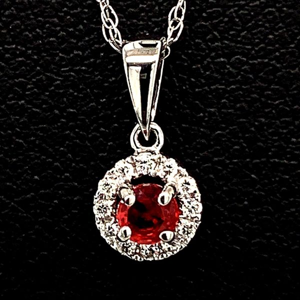 Fire Ruby and Diamond Halo Pendant Geralds Jewelry Oak Harbor, WA