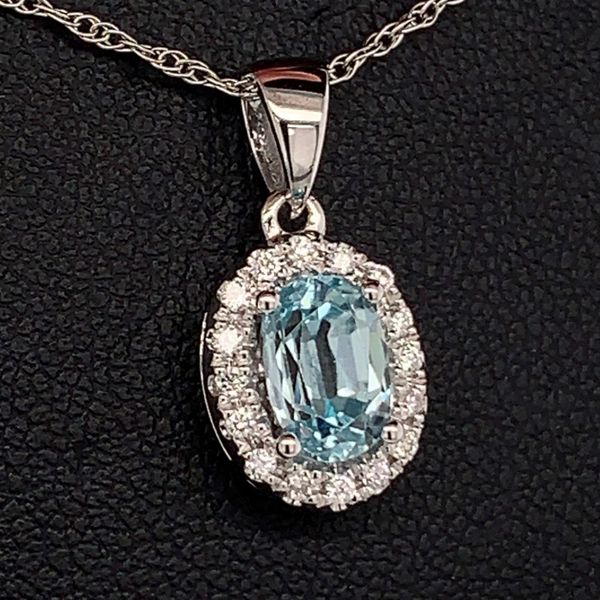 Blue Zircon and Diamond Halo Pendant Image 2 Geralds Jewelry Oak Harbor, WA