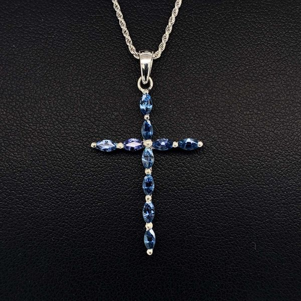 Sterling Silver Cross Pendant  with Marquise Shape Yogo Sapphires Geralds Jewelry Oak Harbor, WA