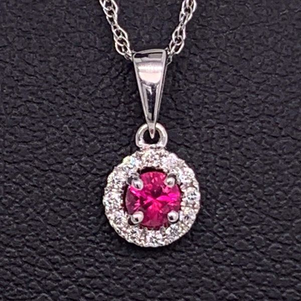 Petite .11Ct Ruby And Diamond Halo Style Pendant Geralds Jewelry Oak Harbor, WA