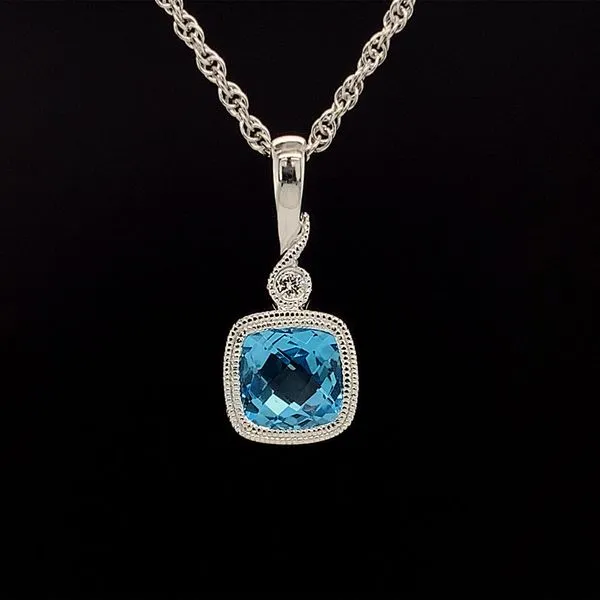 Cushion Cut Swiss Blue Topaz and Diamond Pendant Geralds Jewelry Oak Harbor, WA