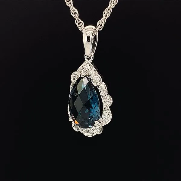 London Blue Topaz and Diamond Vintage Style White Gold Pendant Image 2 Geralds Jewelry Oak Harbor, WA