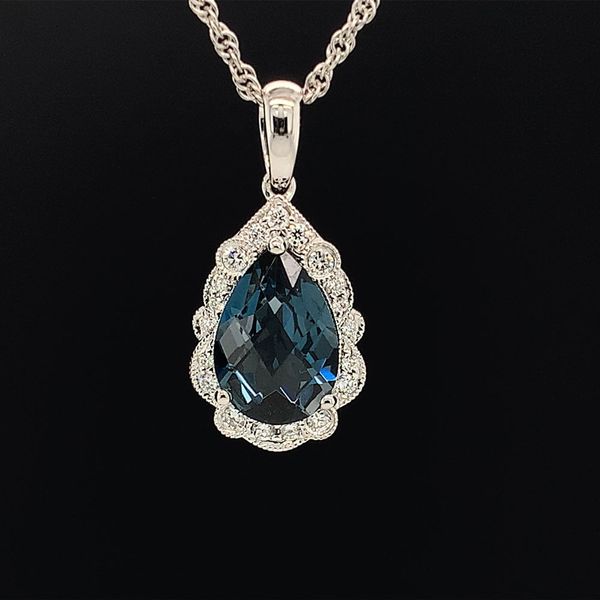 London Blue Topaz and Diamond Vintage Style White Gold Pendant Geralds Jewelry Oak Harbor, WA