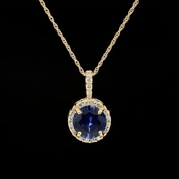 Sapphire And Halo Style Diamond Pendant in 14K Yellow Gold Geralds Jewelry Oak Harbor, WA