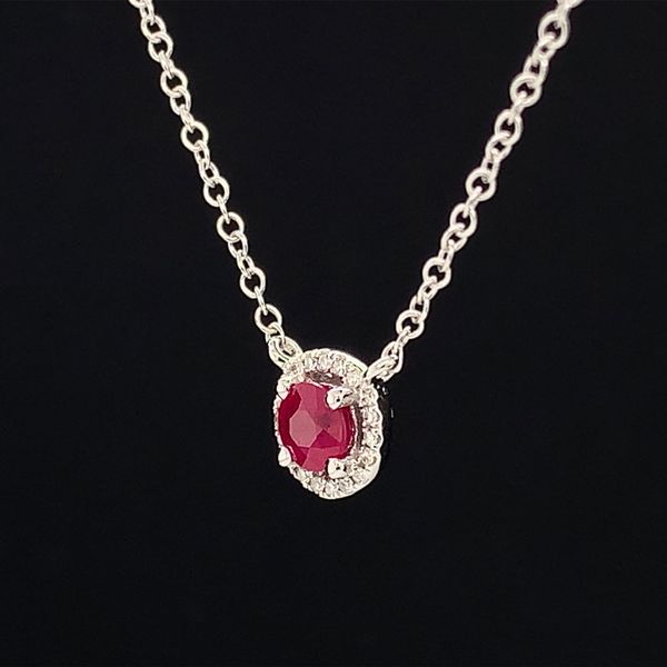 Ruby And Diamond Halo Station Necklace Image 2 Geralds Jewelry Oak Harbor, WA