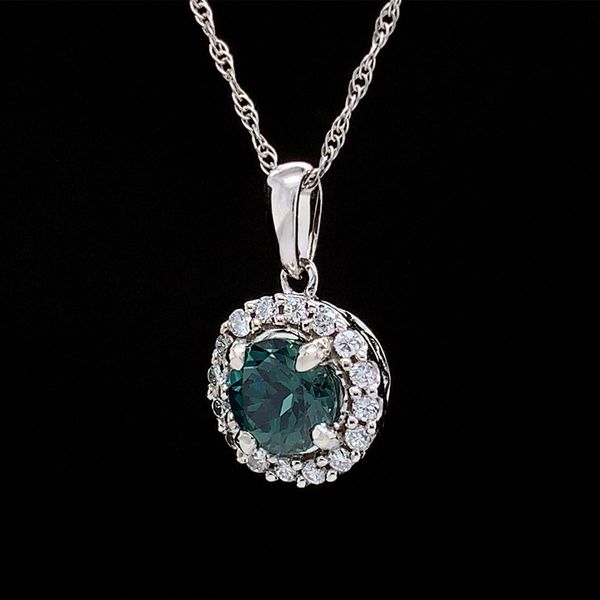 Natural Blue/Green Sapphire And Diamond Halo Pendant Image 2 Geralds Jewelry Oak Harbor, WA